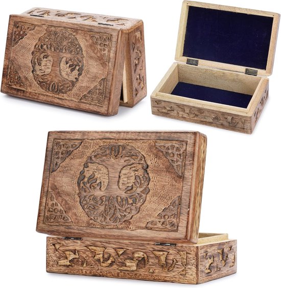 Schatkistje van hout, decoratief, handgesneden souvenirkistje met Keltische levensboom, naturel, multifunctioneel bewaarkistje voor sieraden, snuisterijen, horloges e.d., geweldig cadeau