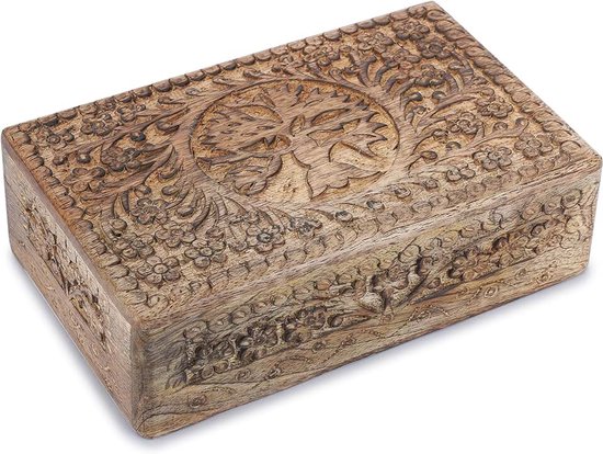 Schatkistje van hout, decoratief, handgesneden souvenirkistje met levensboom, multifunctioneel bewaarkistje voor sieraden, snuisterijen, horloges e.d., geweldig cadeau
