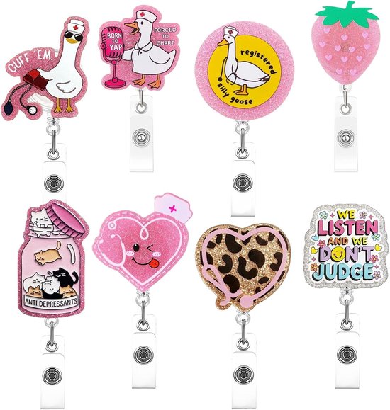 Schattige badge reels voor verpleegkundigen - 8 stuks, perfect als cadeau voor zorgprofessionals, met kleurrijke ontwerpen en praktische functionaliteit