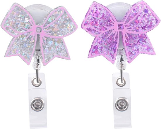 Schattige Glitter Strik Badge Reel, 2 Stuks Acryl Retractable ID Kaart Houder met Naamlabel Clip voor Verpleegkundige, Arts, Onderwijzer en Kantoor Medewerker
