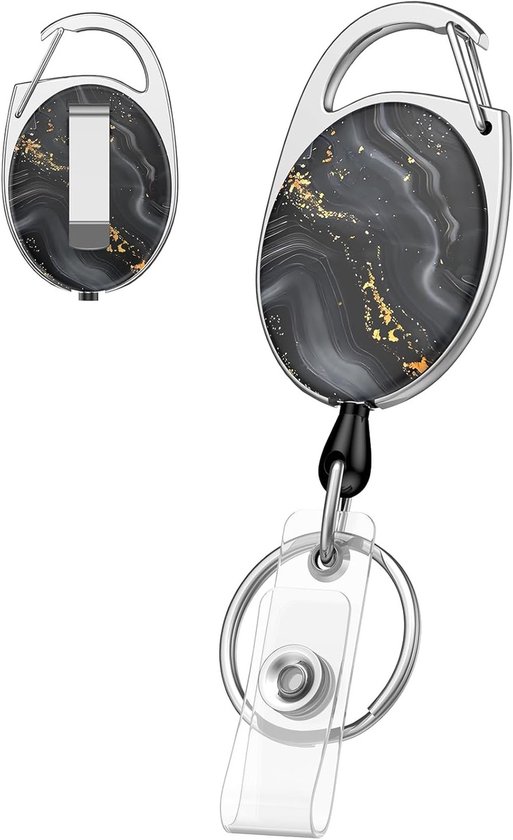Schattige Retractable Sleutelhanger met Zwart Marmer Design, Stevige Badge Reel voor Sleutels en ID Kaarten, Inclusief Carabiner en Badge Clip van Merkloos