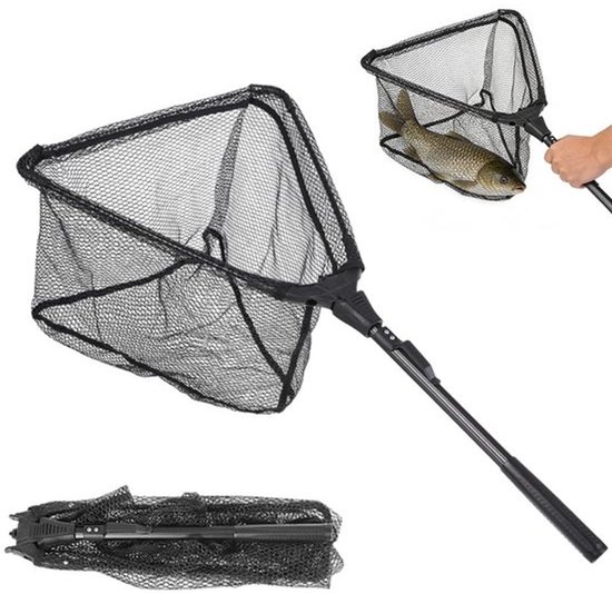 Schepnet 90 cm - Telescopisch - Opvouwbaar - Vissen - Vijver - Duurzaam nylon vlechtwerk - Roestvrij staal - Visschepnet
