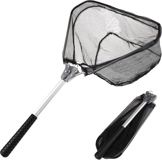 Schepnet - met telescopische handgreep van aluminiumlegering - 33 cm - opvouwbare nylon netzak - geschikt voor zoet- en zoutwatervissen - draagbare visuitrusting - geschikt voor alle leeftijden - zwart