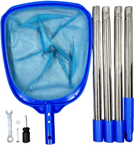 Schepnet - Set voor het verwijderen van algen, bladeren en ander vuil uit het zwembad -Telescopische steel en fijnmazig net - Geschikt voor zwembaden/vijvers - Schoonmaakgereedschap - Blauw - 185 cm - 4-delige set