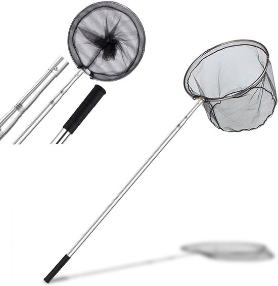 Schepnet Telescoop - Vangnet Opvouwbaar - Vis Vangen - Roestvrijstalen Steel - 155 cm - Zwart Grijs