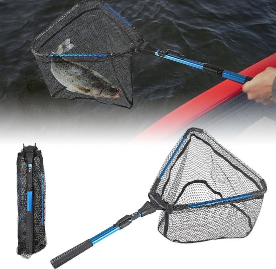 Schepnet Telescoop - Visschepnet Klapnet - Vissen en Vijvers Reinigen - Driehoekige Vouwkop - 90 cm - Blauw