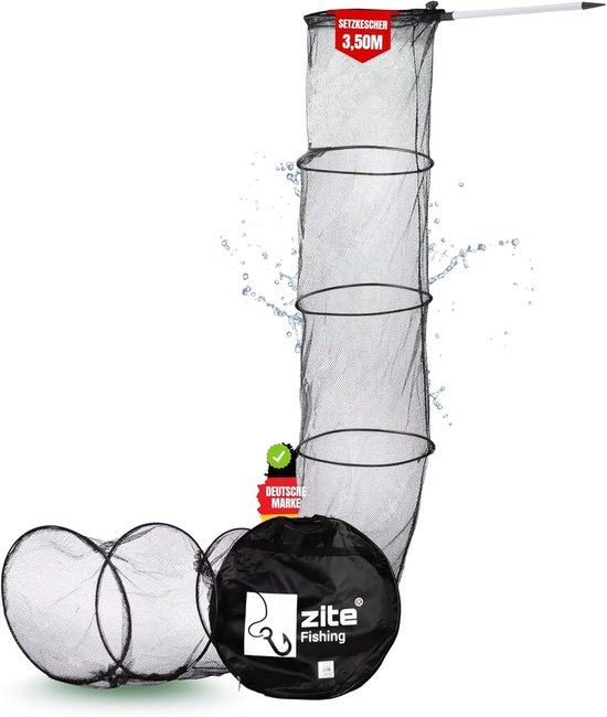 Schepnet - Visnet landingsnet - Vissen aan de waterkant - Inclusief draagtas grondspeer - 350 meter 45 cm - Zwart