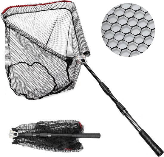 Schepnet Visnet - Opvouwbaar Net - Vissen Vangen - Rubberen Coating - 130 cm - Zwart