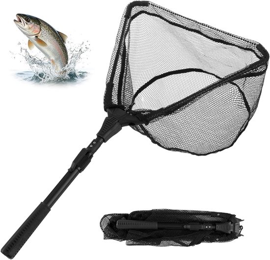 Schepnet Vissen - Net Inklapbaar - Vangst Landen - Rubberen Visvriendelijk Net - 90 cm Telescoop - Zwart