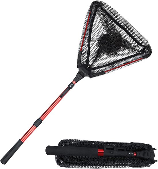 Schepnet Vissen - Opvouwbaar Net - Vangst Vergemakkelijken - Rubberen Coating - 90 cm Uitschuifbaar - Rood/Zwart