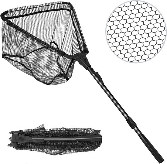 Schepnet Vissen - Opvouwbaar Net - Veilig Vangen - Rubberen Coating - 90 cm - Zwart