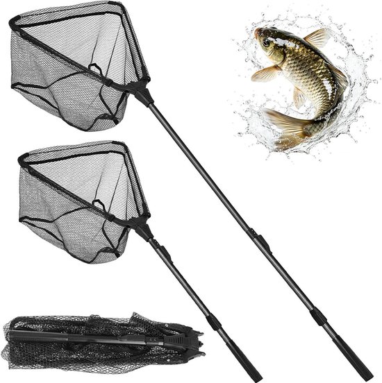Schepnet Vissen - Opvouwbaar Net - Vis Vangen - Telescopisch Handvat - 90 cm - Zwart