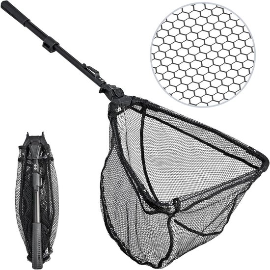 Schepnet Vissen - Opvouwbaar Visnet - Vangst Zonder Kramp - Rubber Gecoat Net - 90 cm Uitschuifbaar - Zwart