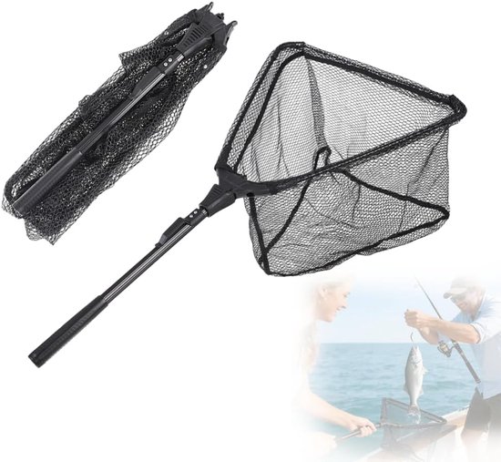 Schepnet Vissen - Vangnet Opvouwbaar - Vis Vangen - Versterkt Aluminium Frame - 90 cm Uittrekbaar - Zwart van Merkloos