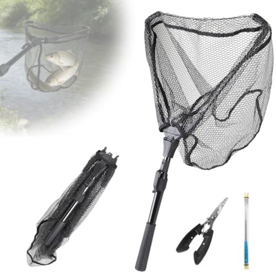 Schepnet visset met haakontgrendeler en vistang, telescopisch inklapbaar 90 cm, rubberen visschepnet voor forel, karper, zalm, meerval, baars van Merkloos