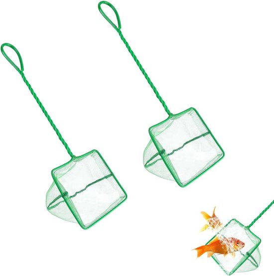 Schepnet voor aquarium - 2 stuks, groen, 15,2 cm, vierkant, ideaal voor het vangen van kleine vissen en garnalen, duurzaam kunststof handvat