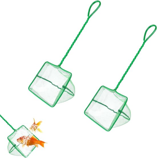 Schepnet voor aquarium, 2 stuks, groen, 15,2 cm, vierkant, ideaal voor het vangen van kleine vissen en garnalen, duurzaam kunststof handvat