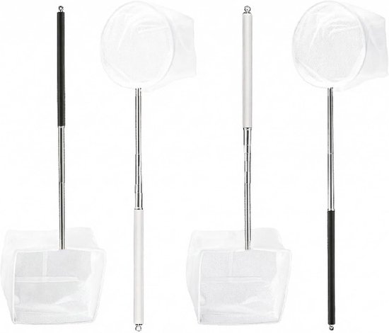 Schepnet voor aquarium, 4 stuks, klein vis- en garnalennet met telescoopstangen, 6,5 cm, vierkant en 8 cm, rond visnet van nylon met fijne netmazen, voor aquaria, vijvers en zwembaden