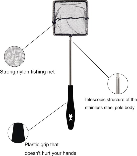 Schepnet voor het vangen van vissen en garnalen, telescoopsteel 31-61 cm, roestvrij staal, ideaal voor aquariumreiniging en onderhoud
