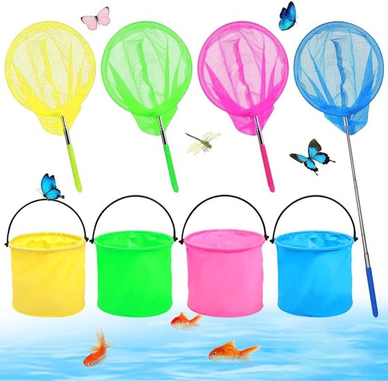 Schepnet voor kinderen, 4 stuks vlindernet met 4 stuks opvouwbare emmer, uittrekbaar vlindernet voor het vangen van insecten, kleine vissen, outdoor, strand, tuinactiviteiten