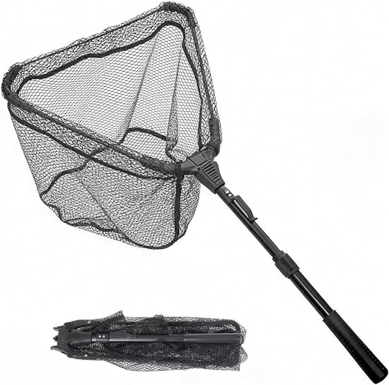 Schepnet voor vissen, 90 cm, opvouwbaar schepnet, telescopisch schepnet, stabiel driehoekig frame, rubberen visnet - ShopVlot