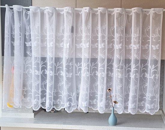 Scherengordijnen met Bloemen Borduurwerk, Wit Bistrogordijn, Gebogen, Breedte 100cm, Hoogte 120cm, Korte Gordijnen, Kleine Scherengordijnen, Keukengordijnen