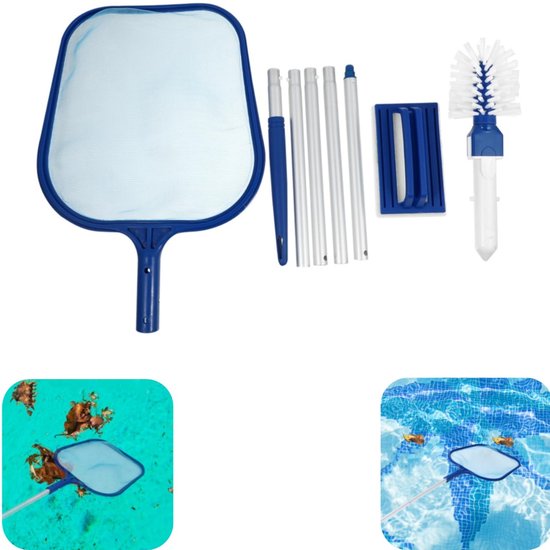 Schoonmaaknetset - zwembad schoonmaaknet - vijver schepnet - bladschepnet - met uitschuifbare stok - met schoonmaakborstel - verstelbaar - schoonmaakaccessoires - geschikt voor zwembad, vijver (blauw, meerdere maten)