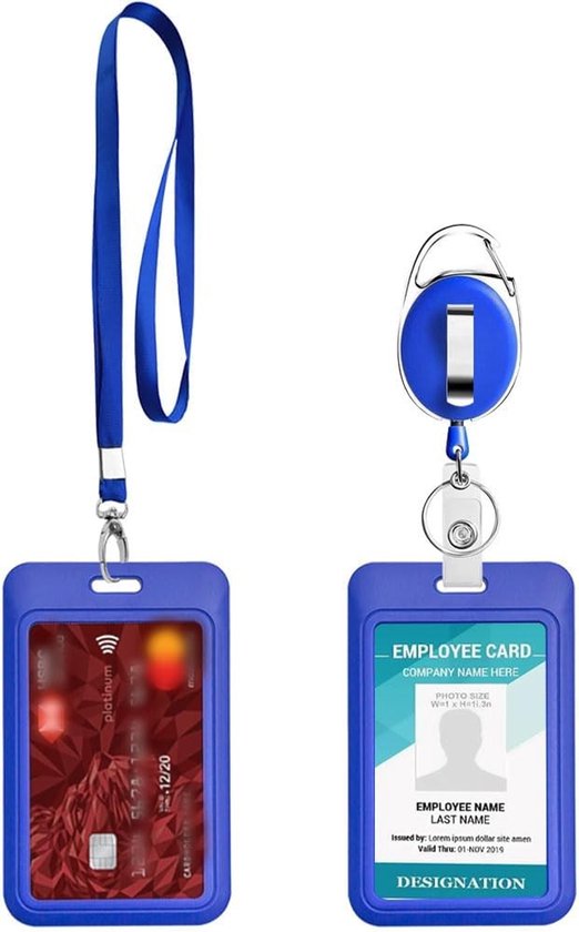 Schuif-ID-kaarthouder - Blauw - 11 x 6,8 cm - Harde Kunststof met Intrekbare Sleutel en Nylon Koord - Voor Kantoor en School