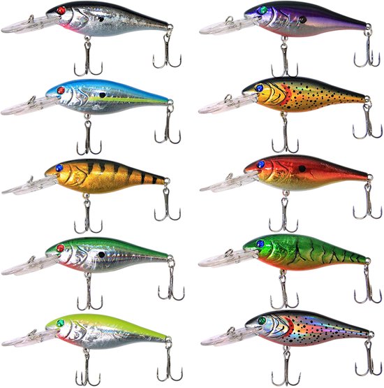 S&D | 10-delige Kunstaas Set – Crankbait / Minnow | 9cm 10g | 3D Coating voor Roofvis | Dubbele Dreg van S&D