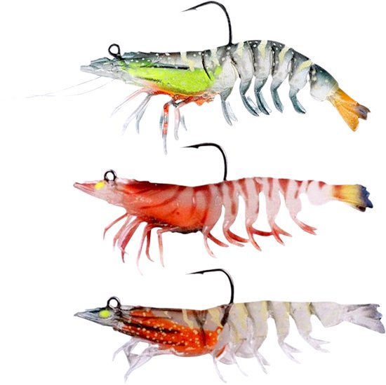 S&D | Kunstaas Garnalen Set – 3 Stuks – 8cm 11.5g – Hyperrealistisch TPE – Glow in the Dark Ogen – Roofvis Aas van S&D