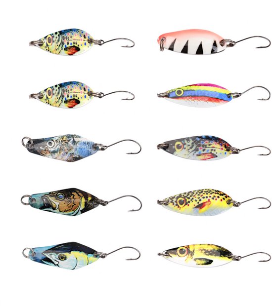 S&D | Kunstaas Lepel Set – 10 Stuks – Metalen Forel & Roofvis Lepels – Enkelhaak – Inclusief Opbergdoos van S&D