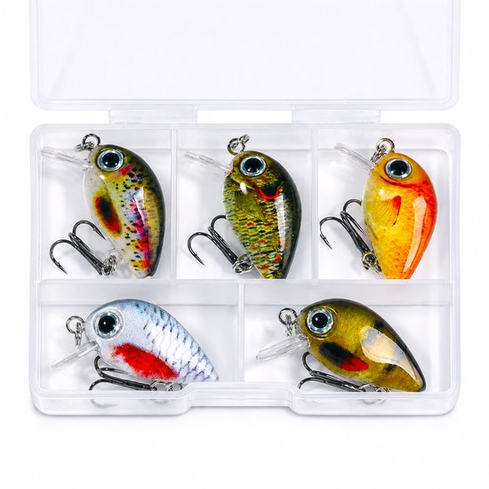S&D - Set van 5 Mini Crankbaits - 3cm/1,5g - Drijvend Kunstaas met Opbergdoos van S&D