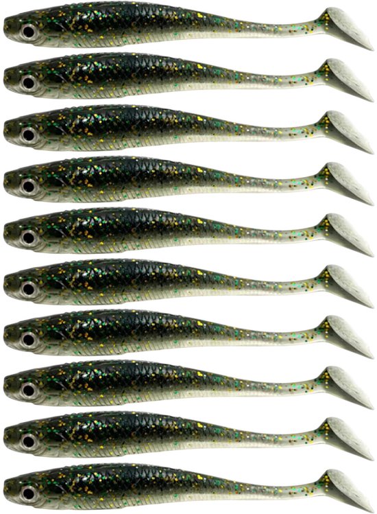 S&D | Shad Set 10 Stuks – 6.5cm / 2g – Donkergroen – Realistisch Kunstaas met Glitters & Schubbenpatroon – Voor Snoek, Baars & Roofvis van Merkloos