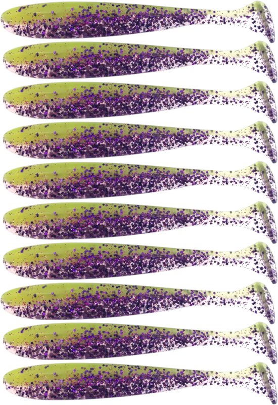 S&D | Shad Set 10 Stuks – 9cm 3.5g – Zachte Shads met T-Staart – Kunstaas voor Roofvis – Geel / Paars van Merkloos