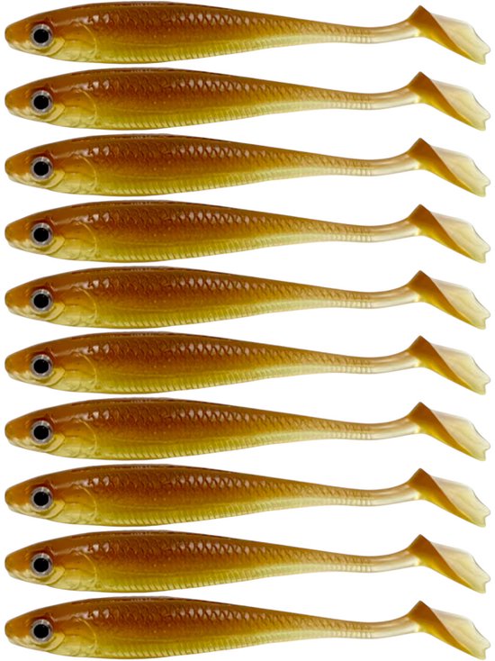 S&D | Shad Set 10 Stuks – 9cm / 5.5g – Bruin – Realistisch Kunstaas met Glitters & Schubbenpatroon – Voor Snoek, Baars & Roofvis