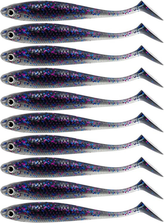 S&D | Shad Set 10 Stuks – 9cm / 5.5g – Grijs / Paars – Realistisch Kunstaas met Glitters & Schubbenpatroon – Voor Snoek, Baars & Roofvis