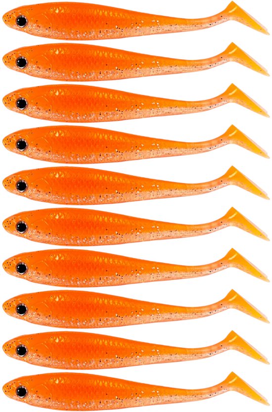 S&D | Shad Set 10 Stuks – 9cm / 5.5g – Oranje – Realistisch Kunstaas met Glitters & Schubbenpatroon – Voor Snoek, Baars & Roofvis