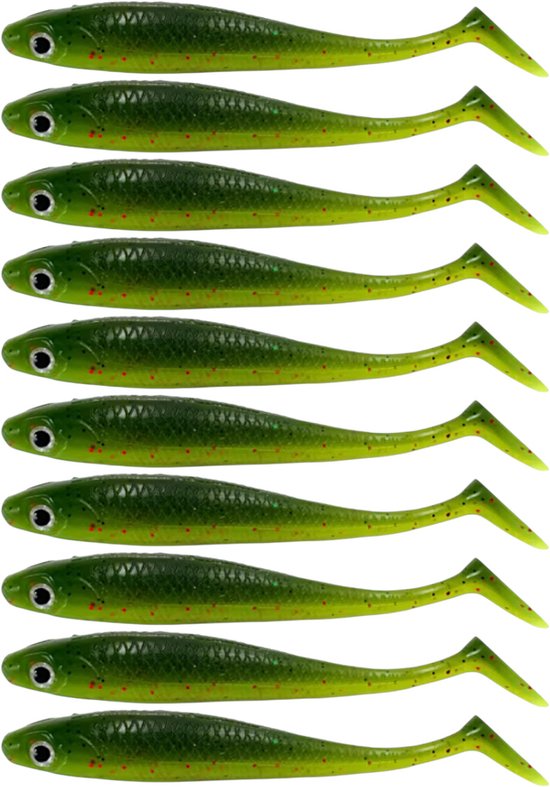 S&D | Shad Set 10 Stuks – 9cm / 5.5g – Realistisch Kunstaas met Glitters & Schubbenpatroon – Voor Snoek, Baars & Roofvis – Lichtgroen van Merkloos