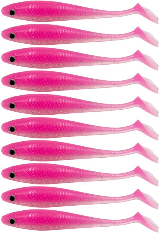 S&D | Shad Set 10 Stuks – 9cm / 5.5g – Roze – Realistisch Kunstaas met Glitters & Schubbenpatroon – Voor Snoek, Baars & Roofvis