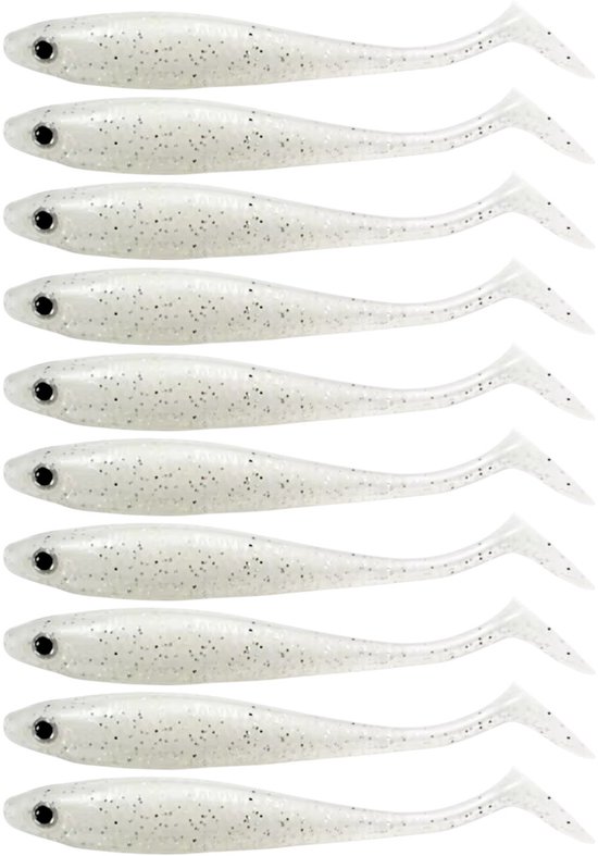 S&D | Shad Set 10 Stuks – 9cm / 5.5g – Wit – Realistisch Kunstaas met Glitters & Schubbenpatroon – Voor Snoek, Baars & Roofvis