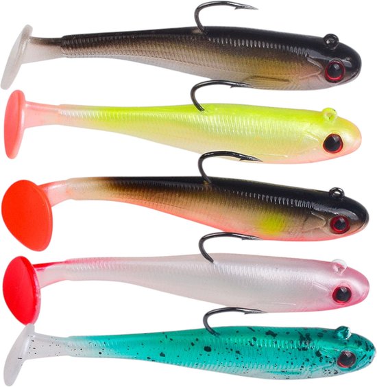 S&D - Softbait Set Jig / Shad - 5 stuks - 9cm / 12,5g - Loodkop met Haak - Roofvis Kunstaas Snoekbaars, Snoek & Baars van Merkloos