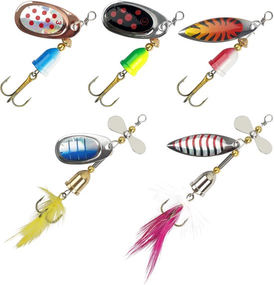 S&D | Spinner Set 5 Stuks – Kunstaas lepelspinners – Met Propeller, Veren & Dreg – Voor Snoek, Baars, Forel & Roofvis van S&D