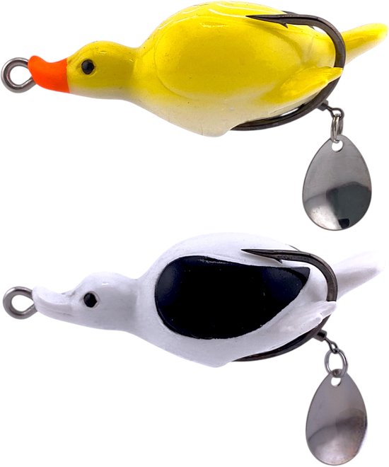 S&D - Topwater Kunstaas Eendjes - Set van 2 Drijvende Oppervlakte Lures - 7cm 13g - Snoek & Roofvis Aas - Geel & Wit van S&D
