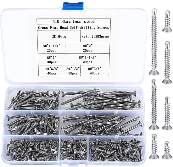 Self Drilling Screws Set - Cross Head Flat Head Wood Screws - RVS Zelftappende Schroeven met Boorkop - Countersunk Metalen Schroeven - M4.2 * 13mm/16mm/19mm/25mm/32mm/38mm/50mm van Wovar