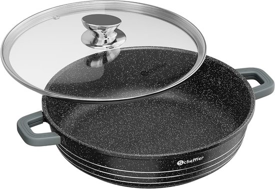 Serveerpan inductie, 28 x 7,5 cm stoofpan met glazen deksel | Gegoten aluminium pan met marmeren antiaanbaklaag, siliconen handgreep