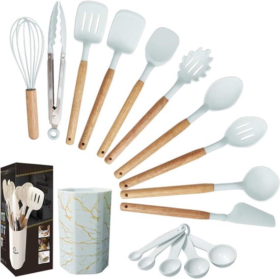 Set 12-stuks Siliconen Kookgerei Set Met Houten Handvat (Vaatwasser Veilig) 392°F Hittebestendige Spatel Set, Antistick Kookgerei, Beste Keuken,Morandi Green