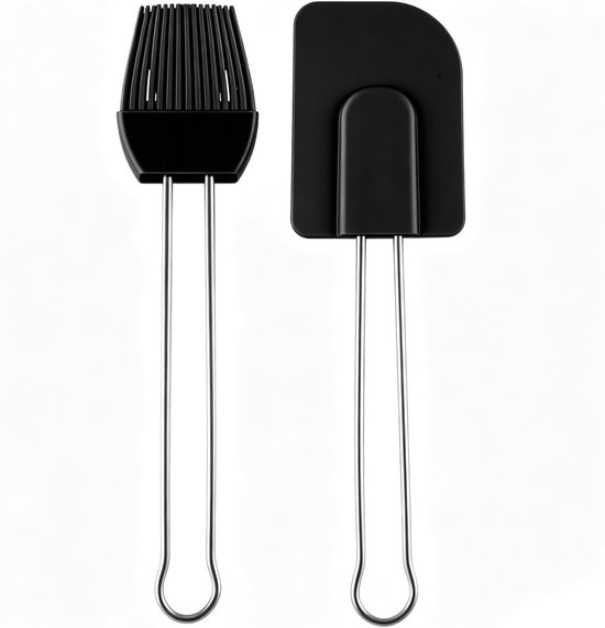 Set bevat een zwarte schraper en een zwarte borstel, keuken met zwarte siliconen kop, maryse, bakspatel, maryse, siliconen handvat, voor cake, room, chocolade en bakken