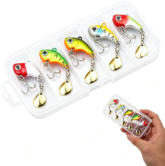 Set kunstaas voor baars - inclusief 5 spinners en een opbergdoos - geschikt voor snoekbaars en forel - rubberen visjes - geschikt voor zoet- en zoutwatervissen