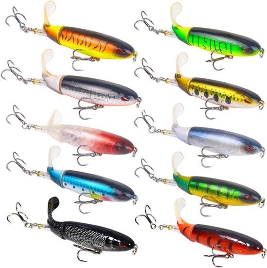 Set met 10 stuks kunstaas - Bass popper van 9 cm - Met draaitail - Voor zoet en zout water - 3 dreggen - Meerlagige reflecterende coating - Voor baars en snoek