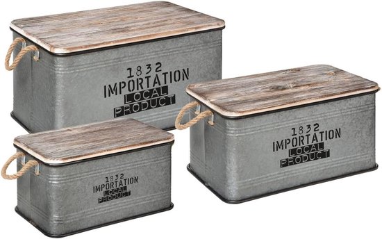 - Set met 3 opbergkisten van metaal en hout